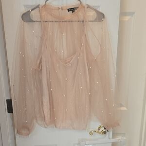 INC International Concepts Blush Sheer Blouse with Pearl Accents